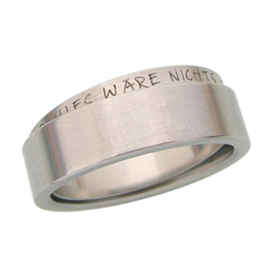 Editing:
Turned, engraved, hallmarked, matted, polished
Surface texture:
Matt, polished inside
Materials:
stainless steel
Above all, special feature:
Two-piece stacked ring with a custom engraving on the inner ring. 
Shape:
Ring with square profile profile
Category:
Friendship ring, wedding ring, wedding ring, partner ring, proposal ring, jewelry ring, poetry ring, message ring
Style:
modern design
Ring width:
6mm
Material thickness:
2.2mm
Unique two-part design wedding ring, proposal ring or jewelry ring with an individual engraving, here: "...and everything would be nothing if we hadn't found each other.", which is worn hidden on the inner ring. The 6mm wide ring is made of durable stainless steel and can be opened. It is comfortable to wear thanks to the broken edges and the material thickness of 2.2mm. The ring is sustainably produced and 100% made in Germany.